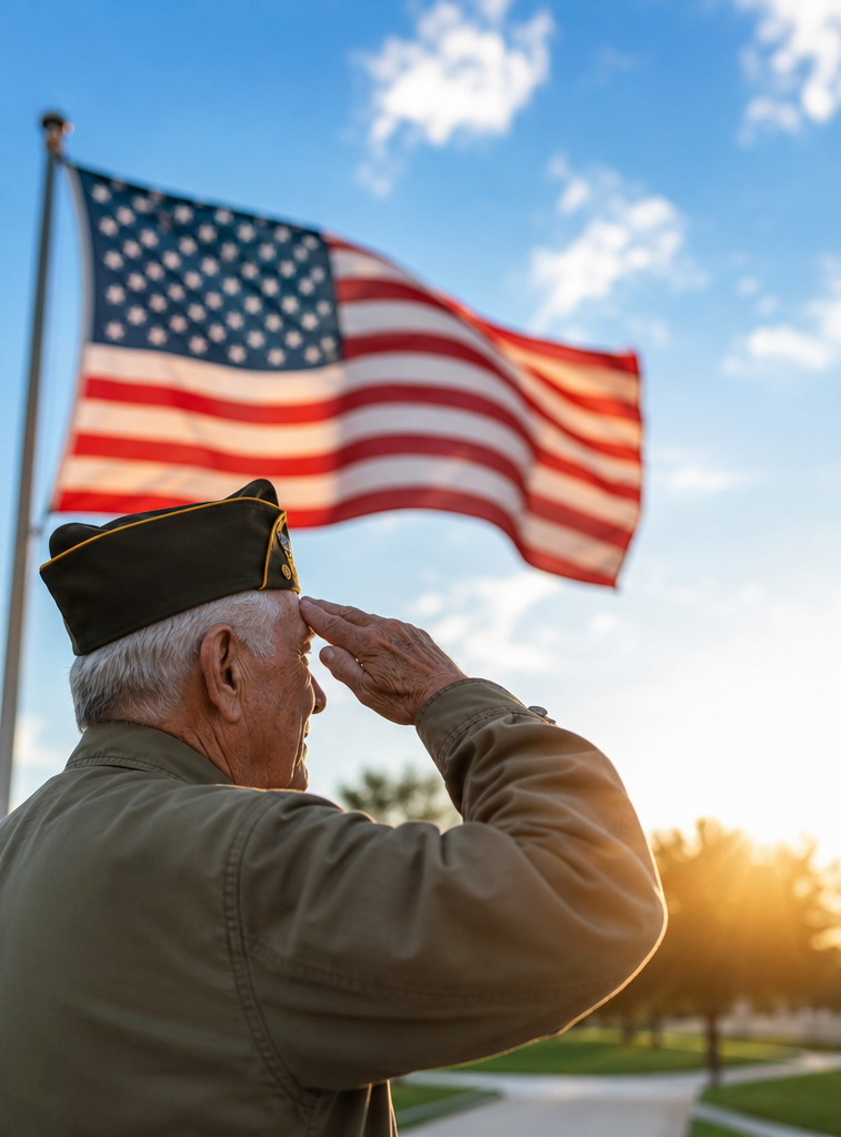 Veteran saluting the American flag representing compassionate hospice care for veterans in Dallas, Texas.