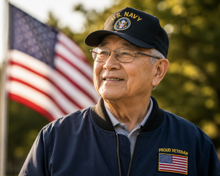 Older military veteran standing proudly in front of an American flag, representing compassionate hospice care for veterans in Dallas, Texas.